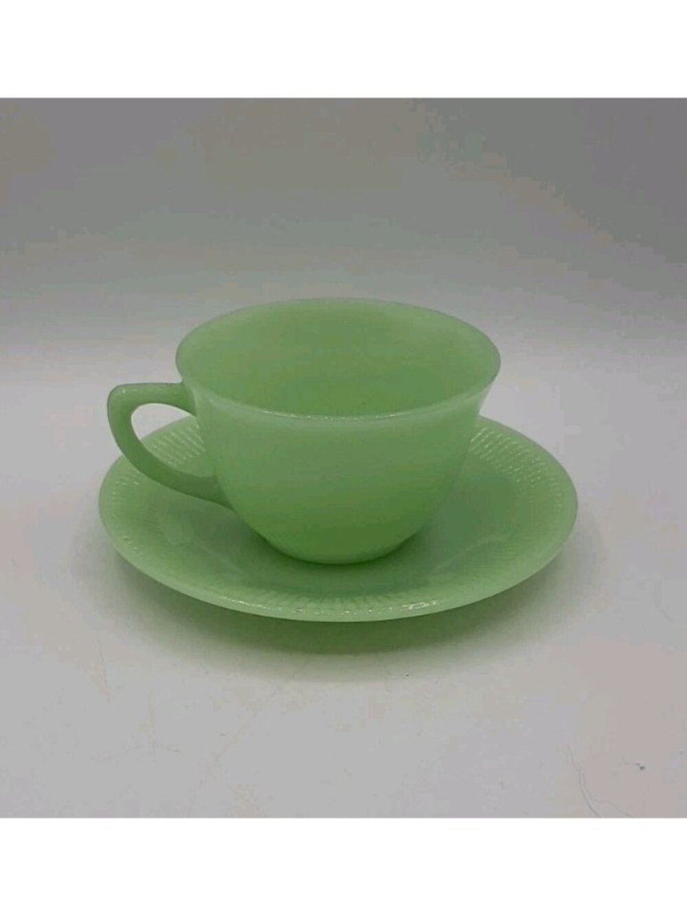 Vintage Jadeite Green Fire King Oven Ware Tea Cup & Saucer Jane Ray Pattern USA